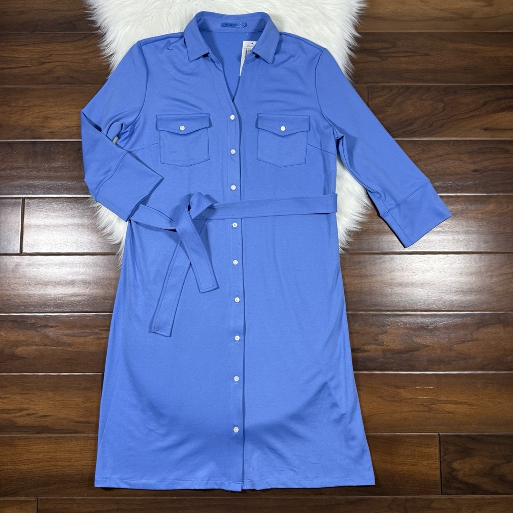 J. McLaughlin Women's Size Large Blue Brynn Jersey Knit‎ Belted Shirt Dress $238